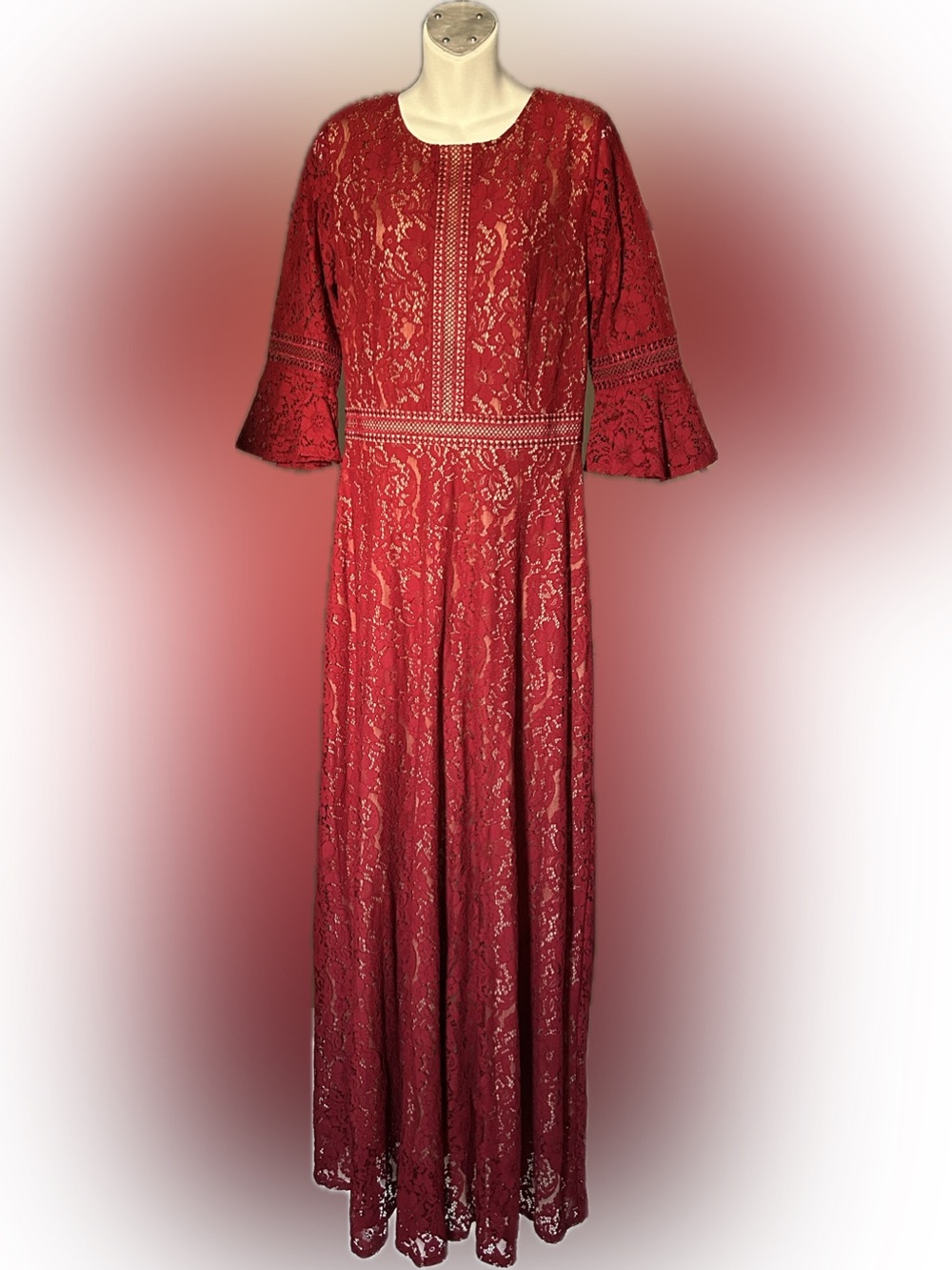 Red Lace Maxi Dress with Crochet Trim
